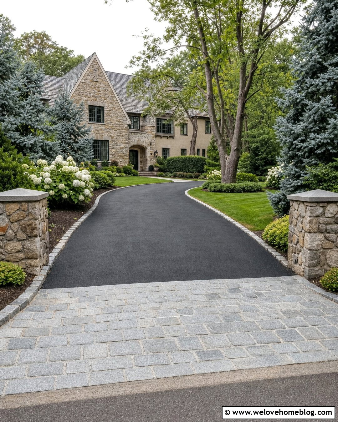 Belgium Block Apron With Stone Pillars - 20 Belgium Block Driveway Apron Ideas