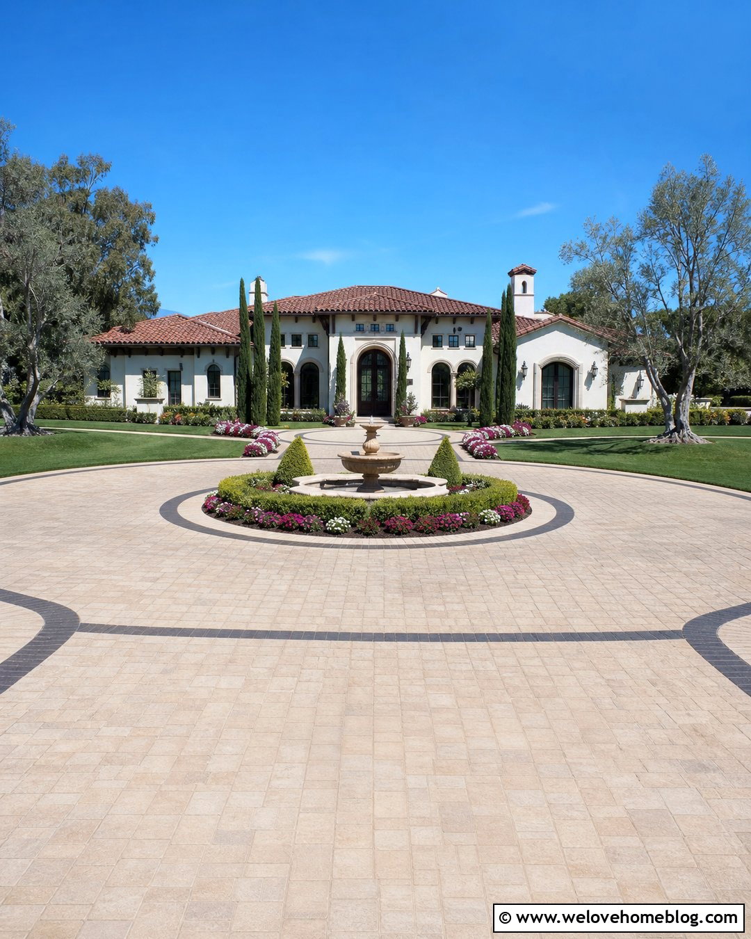Big Circular Paver Driveway With a Fountain - 30 big driveway ideas