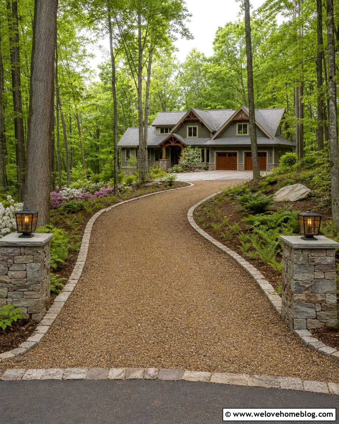 Big Curved Driveway Through a Wooded Yard - 30 big driveway ideas