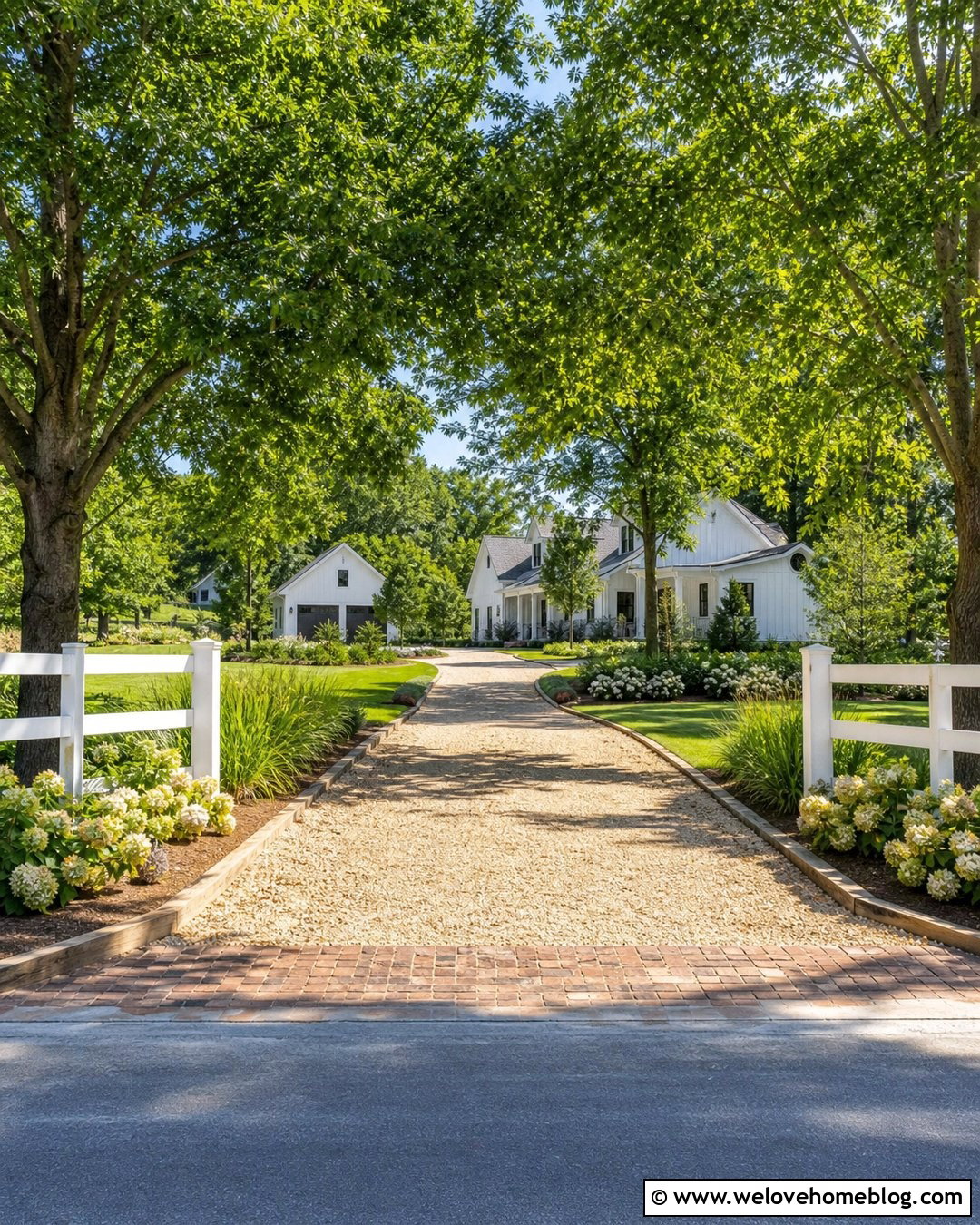 Big Farmhouse Driveway With White Fence Borders - 30 big driveway ideas