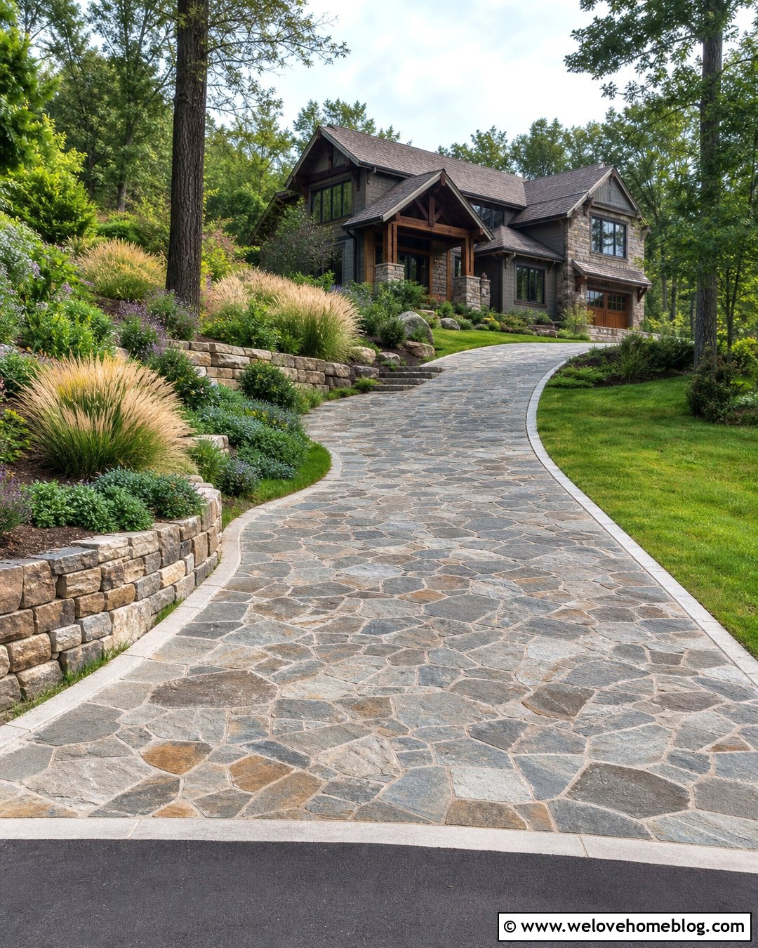 Big Stone Driveway With Rustic Retaining Walls - 30 big driveway ideas