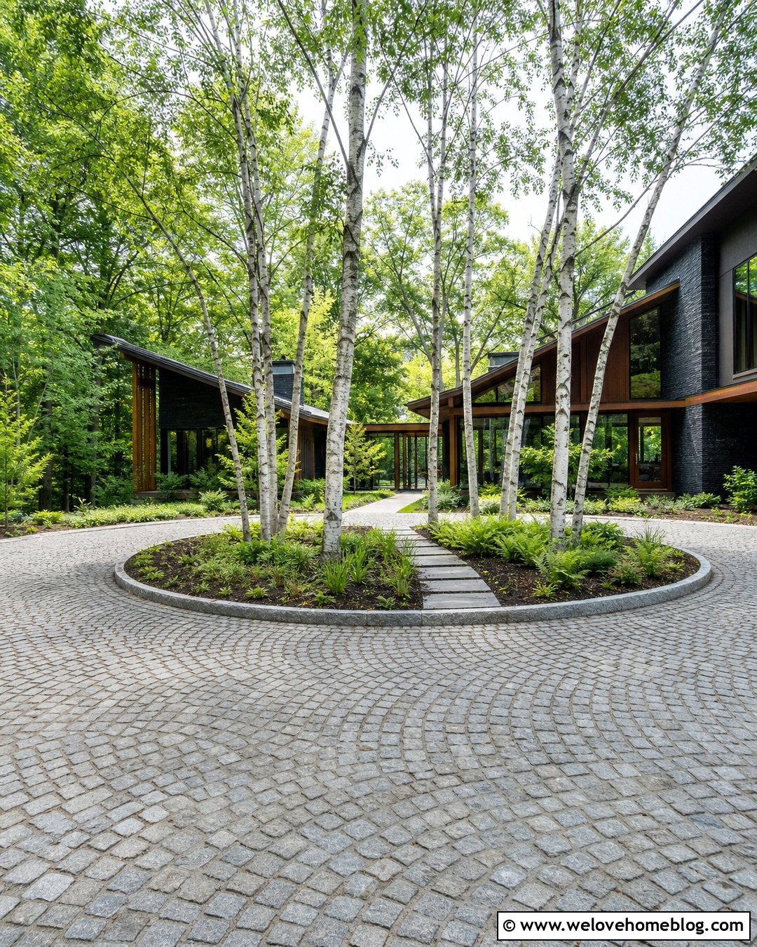 Birch Trees Around A Circular Driveway - 20 Driveway Tree Planting Ideas