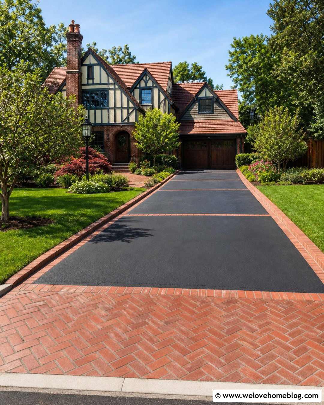Bitumen Driveway With Red Brick Ribbon - 25 Bitumen Driveway Ideas