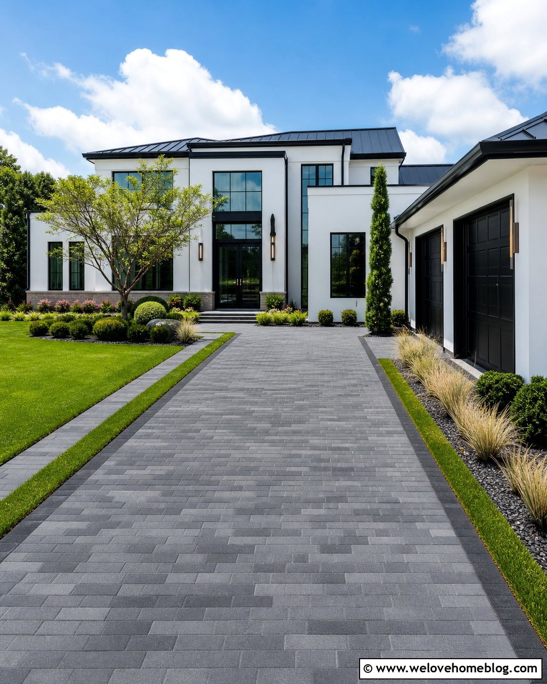 Black And Gray Paver Driveway With Grass Strips - 20 lowes pavers for driveway ideas