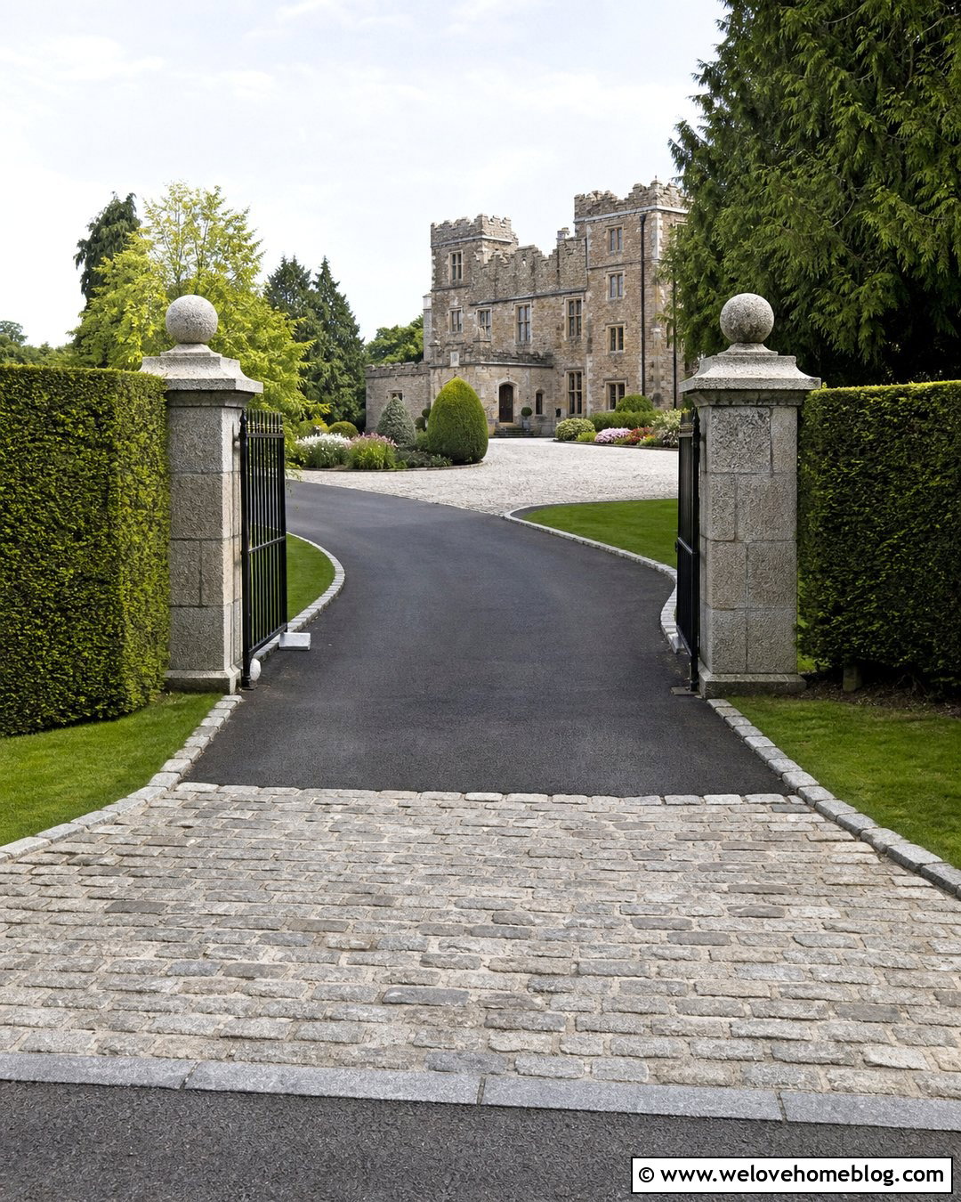 Black Asphalt Castle Driveway With Cobblestone Apron - 25 Castle Driveway Ideas
