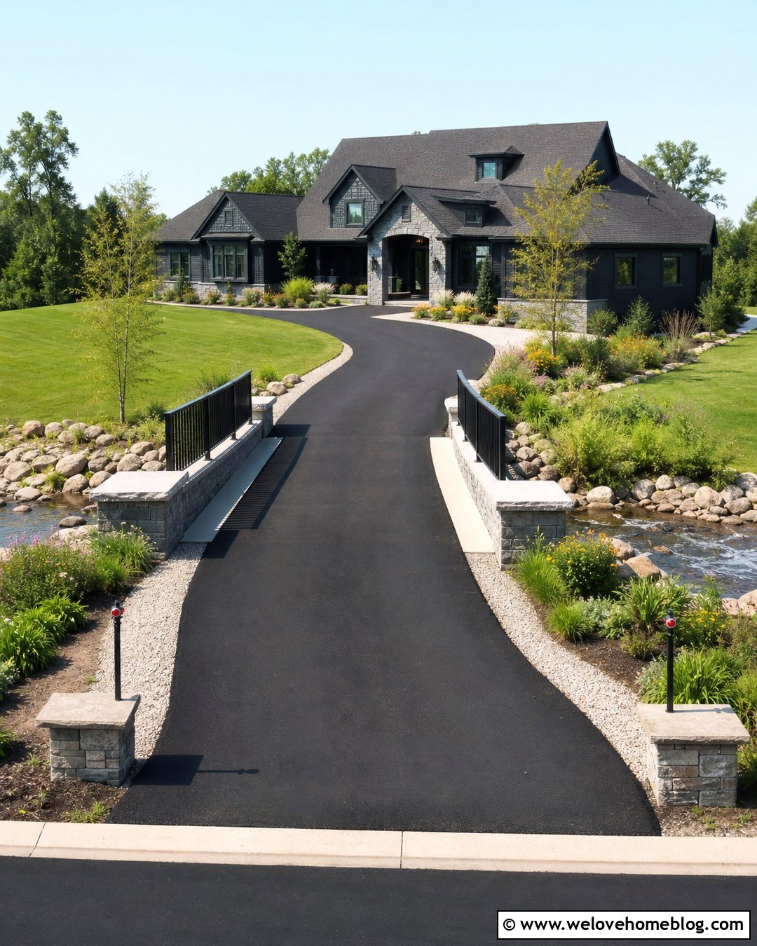 Black Asphalt Driveway Bridge With Metal Railings - 30 Driveway Bridge Ideas