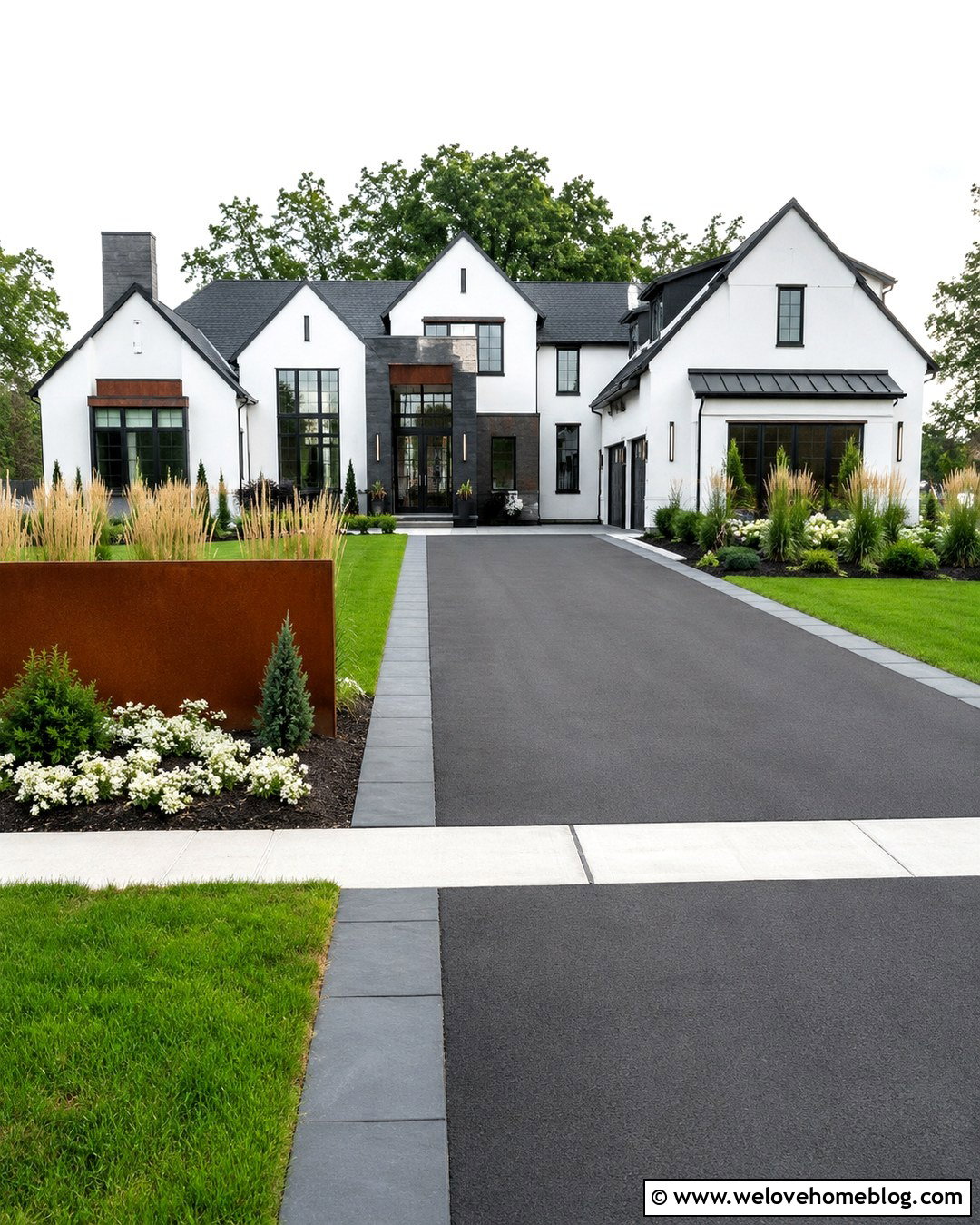 Black Asphalt Driveway With A Modern Address Wall - 20 Driveway Landscape For Entrance Ideas