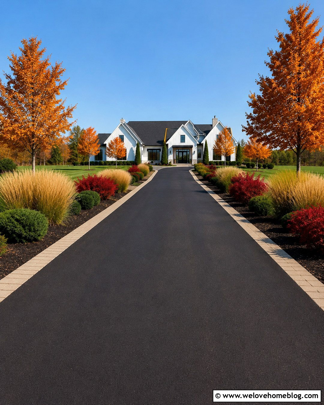 Black Asphalt Driveway With Autumn Borders - 20 Autumn Driveway Paving Ideas