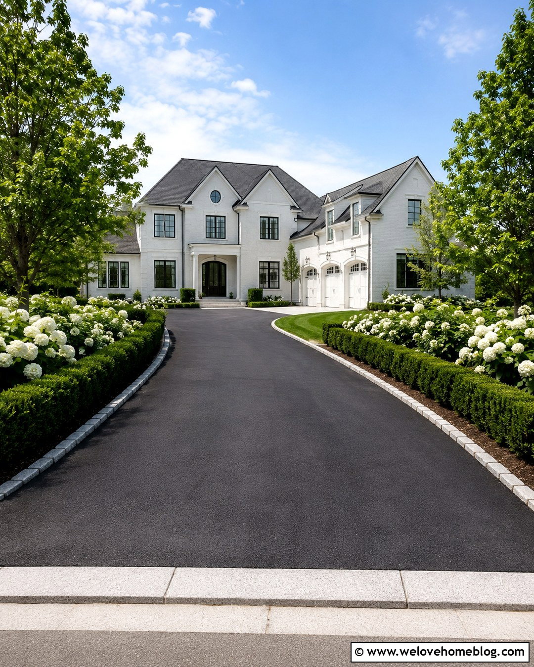 Black Asphalt Driveway With Boxwood And White Flowers - 20 boxwood lined driveway ideas