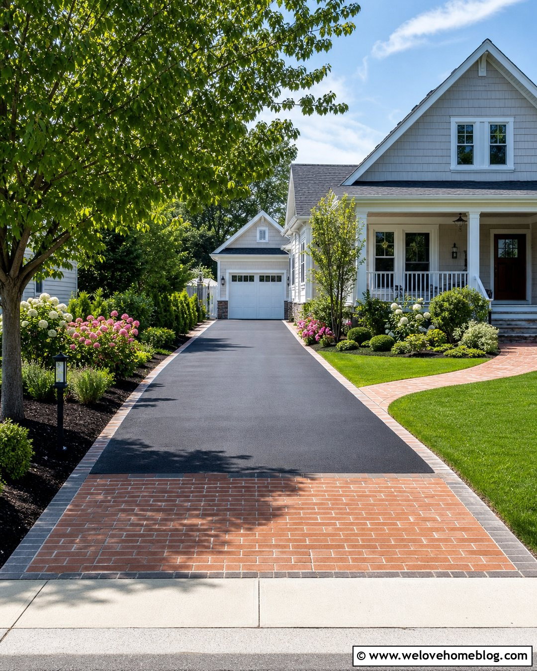 Black Asphalt Driveway With Brick Apron - 45 Driveway Design Ideas