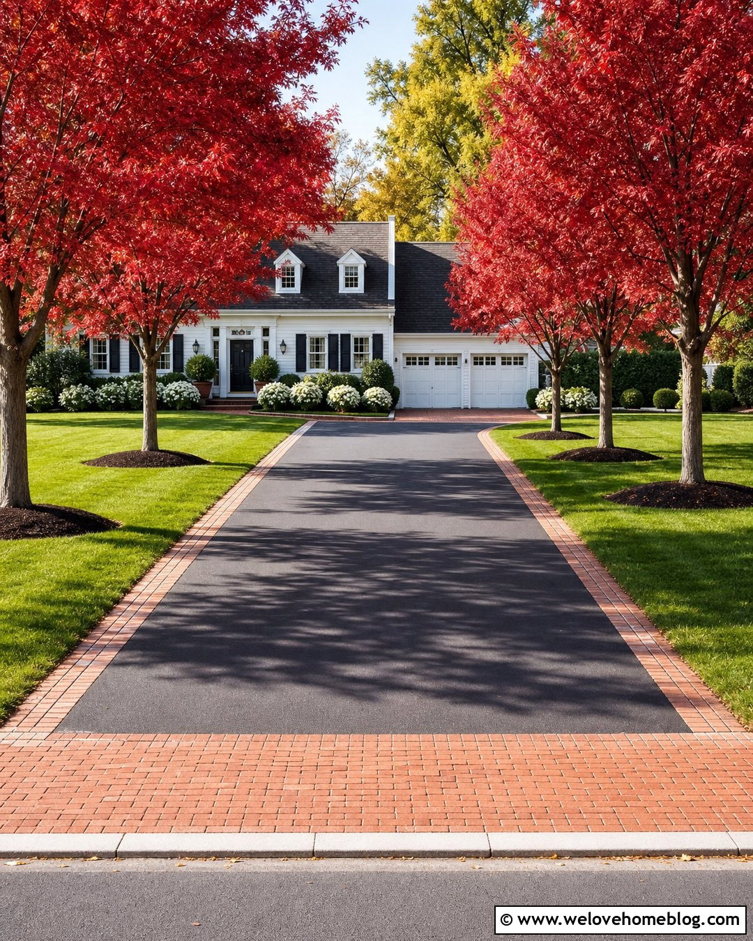 Black Asphalt Driveway With Brick Aprons - 20 Red Maple Tree Lined Driveway Ideas