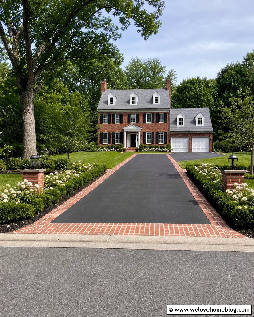 Black Asphalt Driveway With Brick Border - 50 Driveway Ideas