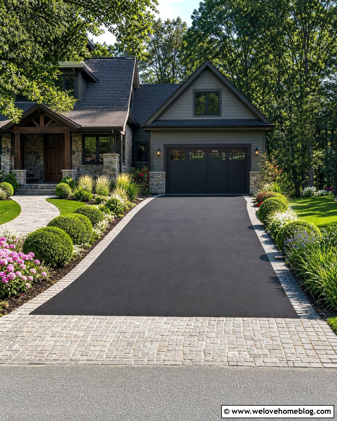 Black Asphalt Driveway With Cobblestone Apron - 20 Tiny Driveway Ideas