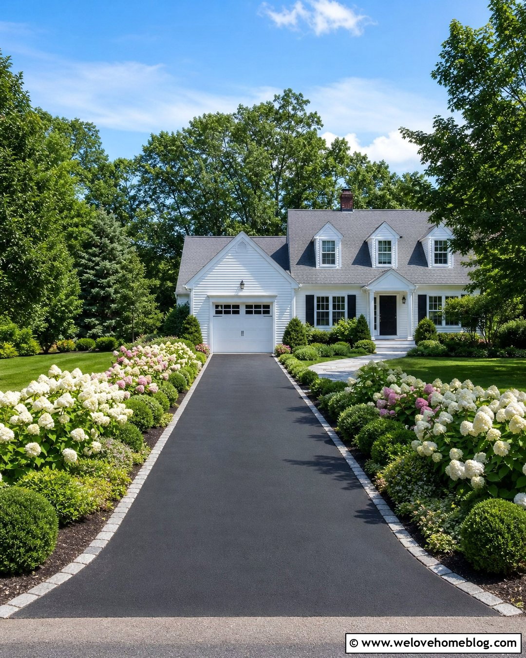 Black Asphalt Driveway With Hydrangea Borders - 25 Pretty Driveways Ideas