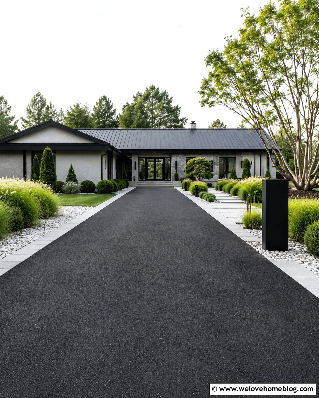 Black Asphalt Driveway With Modern Landscaping - 20 Driveway Transformation Ideas