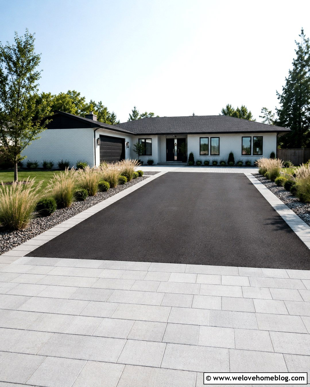 Black Asphalt Driveway With Modern Paver Apron - 20 Outdoor Driveway Ideas