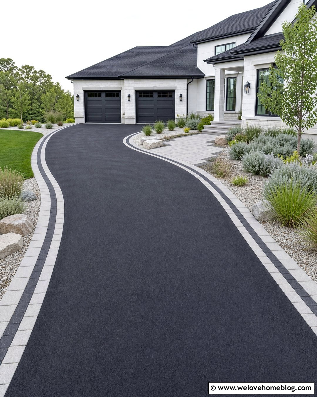 Black Asphalt Driveway With Paver Border - 35 Modern Driveway Design Ideas