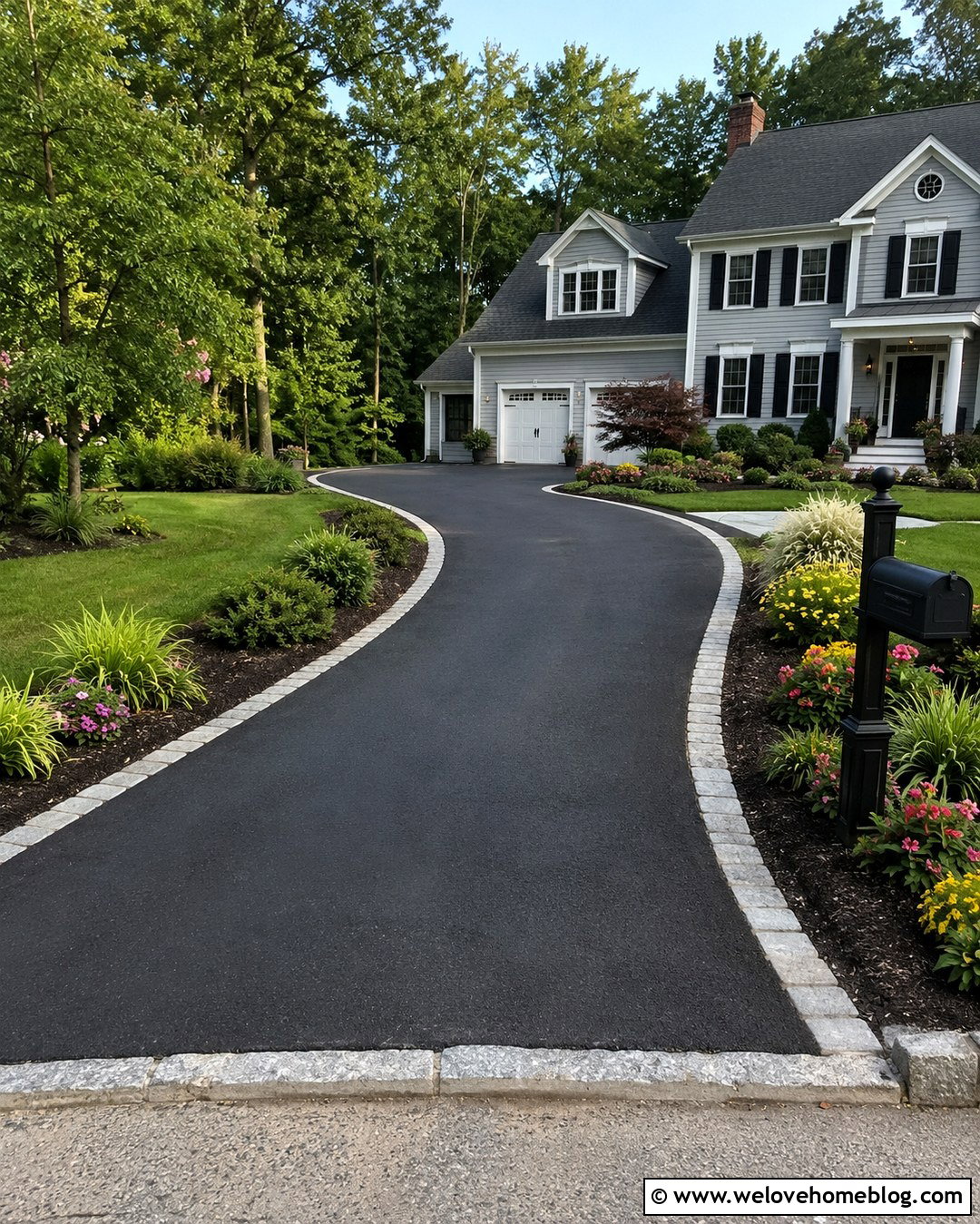 Black Asphalt Driveway With Stone Borders - 20 Front Yard With Driveway Ideas