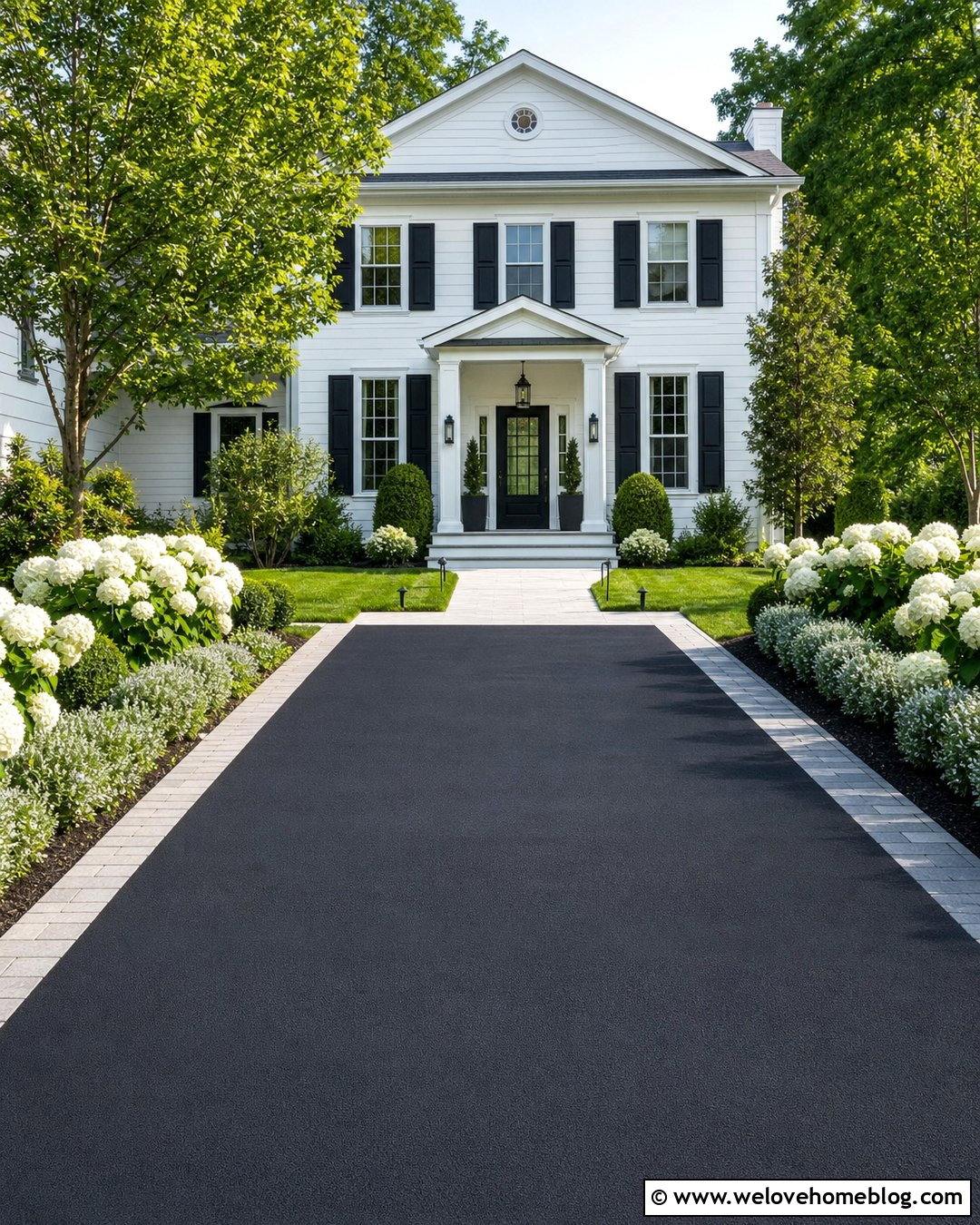 Black Asphalt Driveway With White Flower Borders - 20 front yard with driveway landscaping ideas