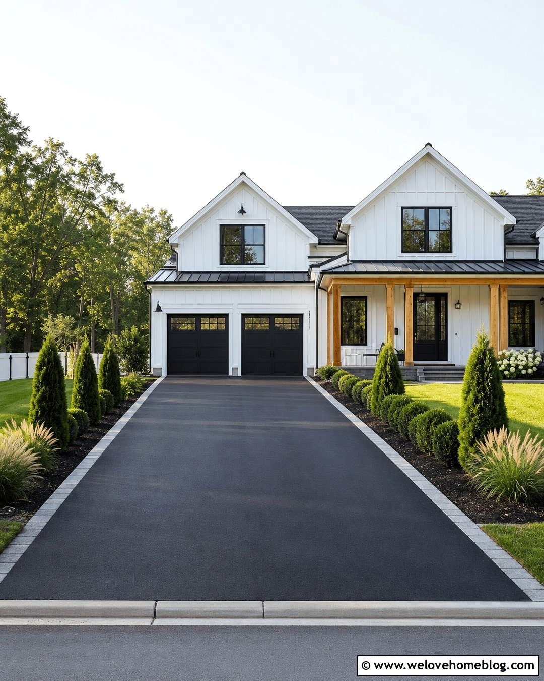 Black Asphalt Driveway With White House - 30 Black Driveway Ideas