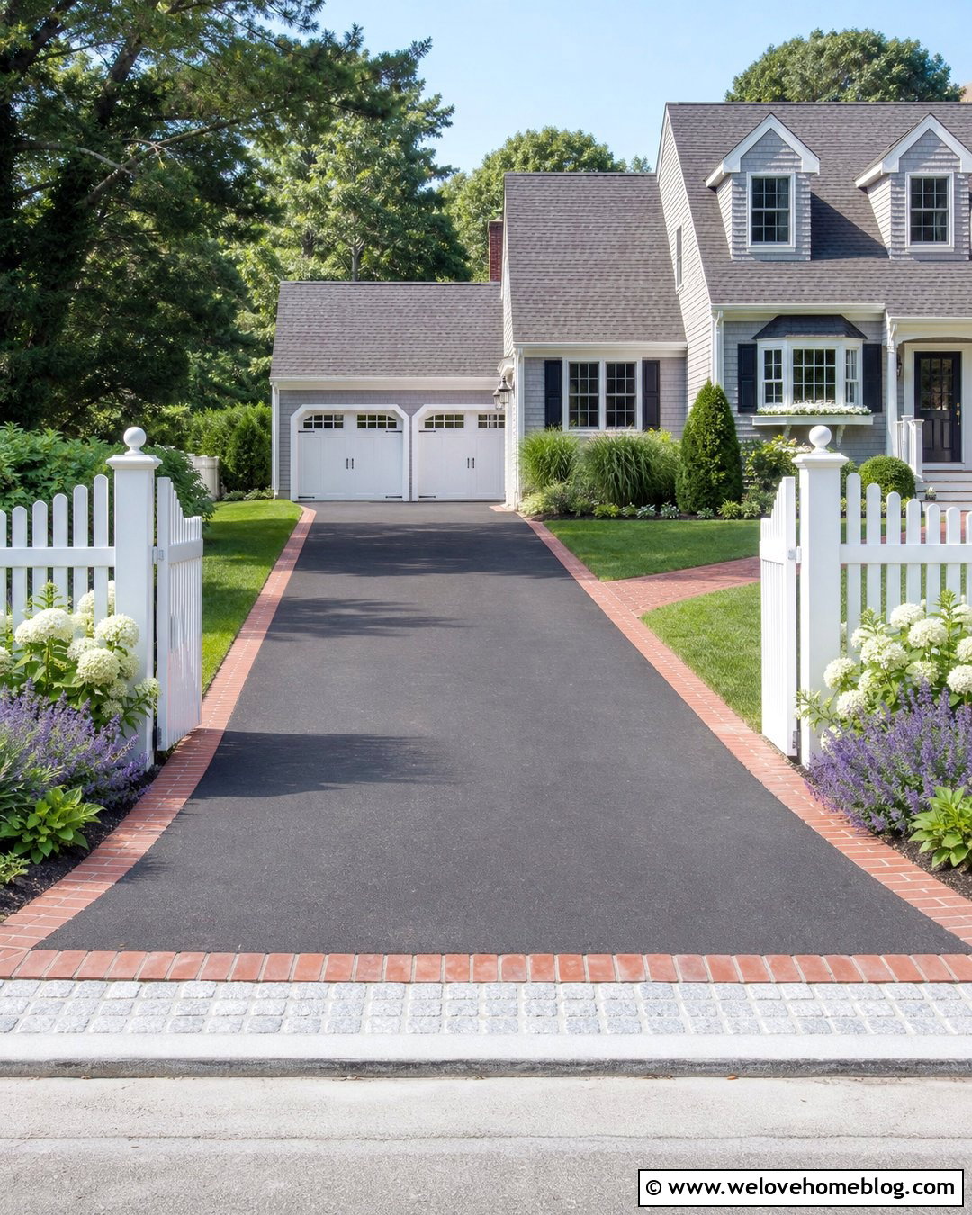 Black Asphalt Driveway With White Picket Fence - 20 Driveway Front Yard Fence Gate Garage Doors Ideas