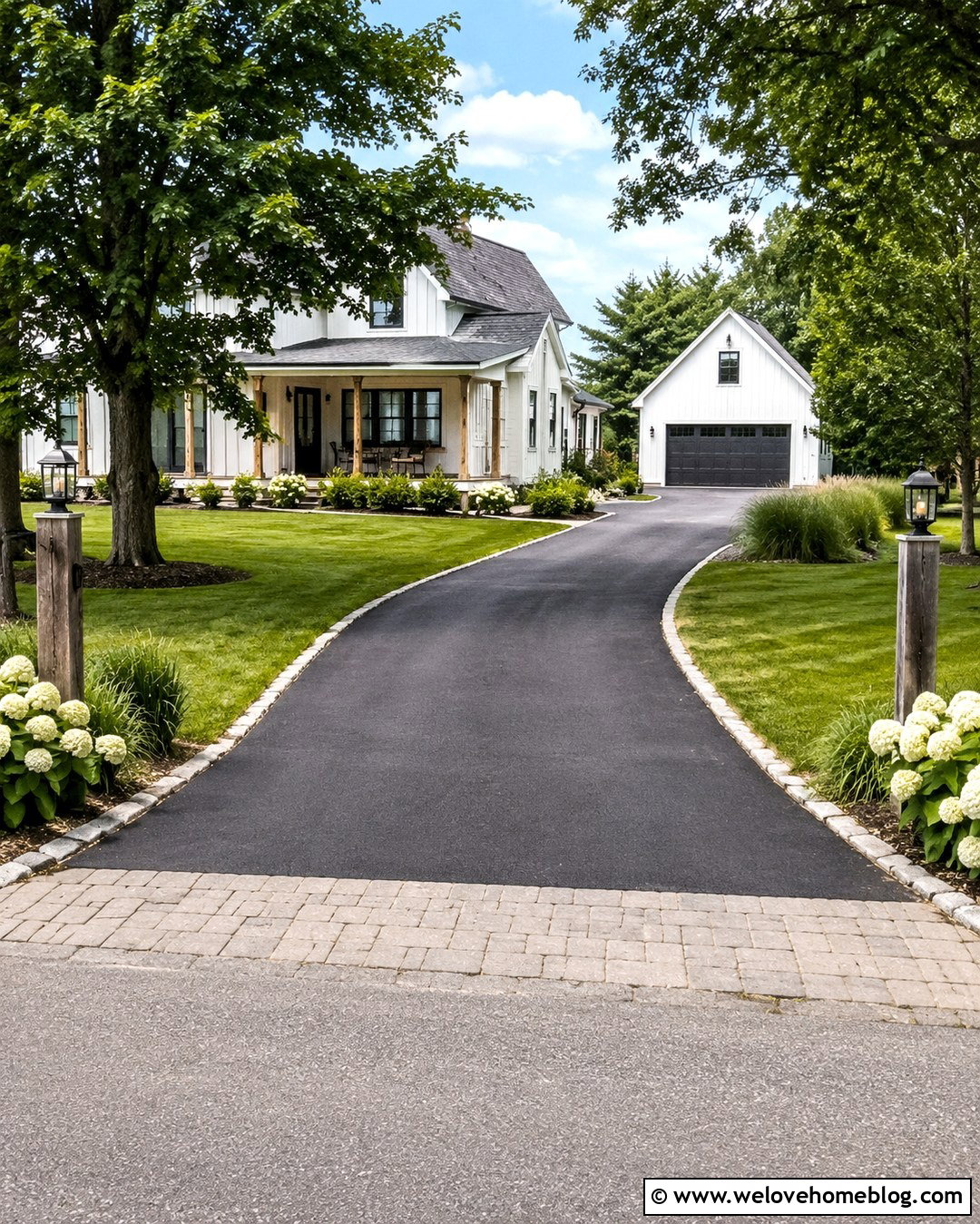 Black Asphalt Farmhouse Driveway With Paver Apron - 20 Driveway Farmhouse Ideas