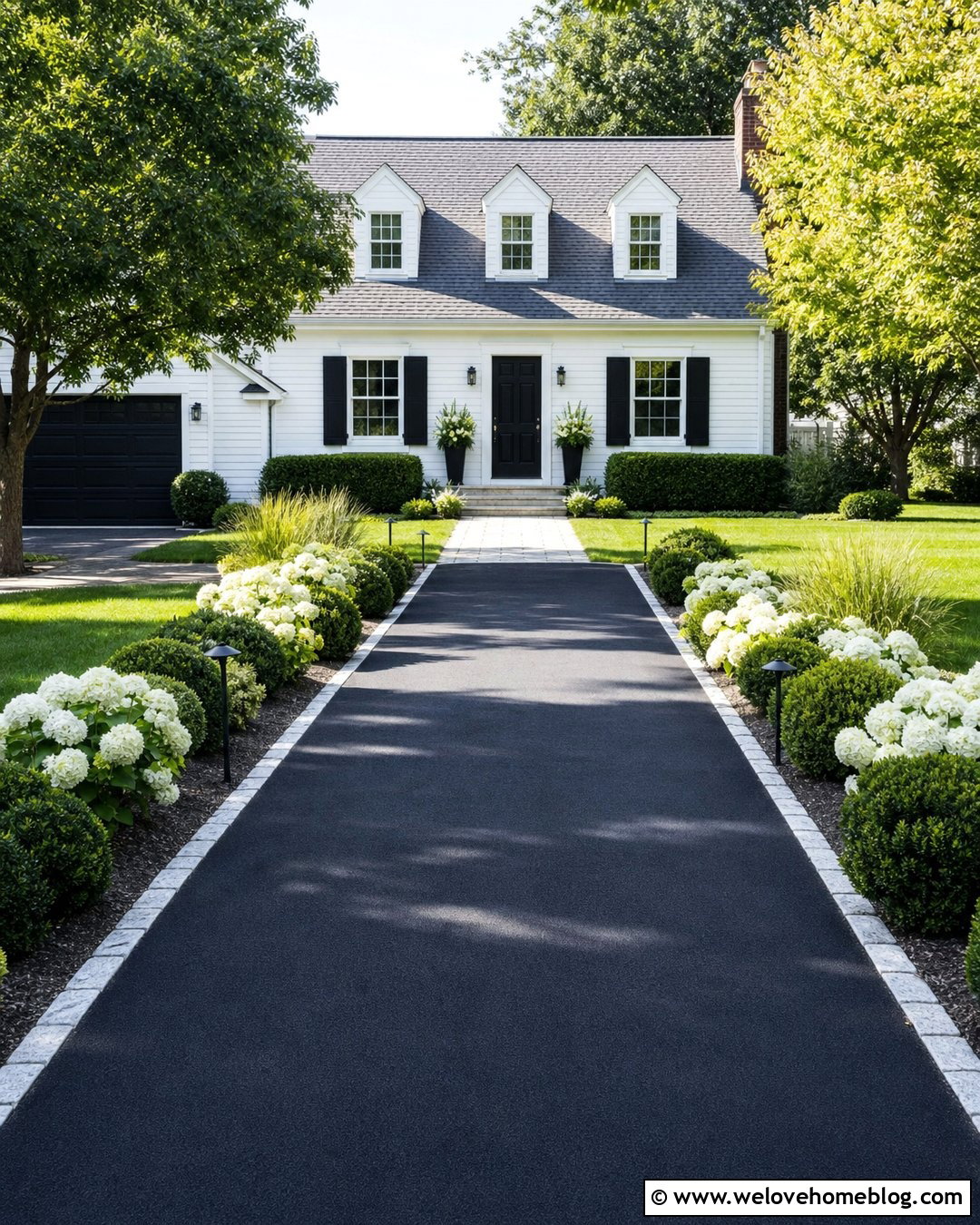 Black Asphalt Front Driveway With White House - 45 Front Driveway Ideas