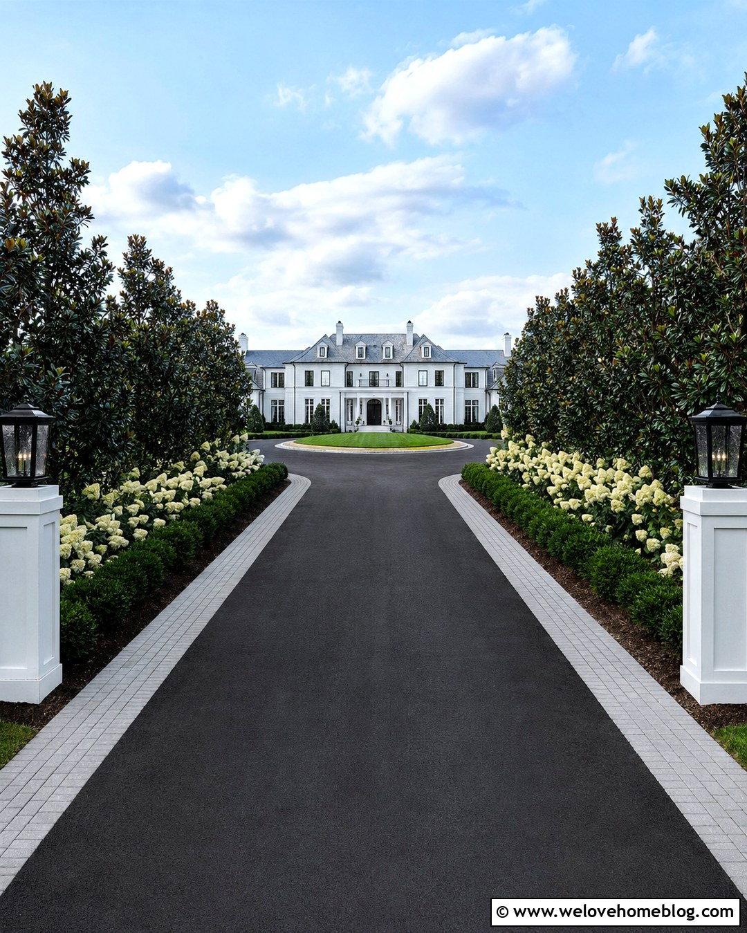 Black Asphalt Long Driveway For A White Mansion - 20 Long Driveway Mansion Ideas