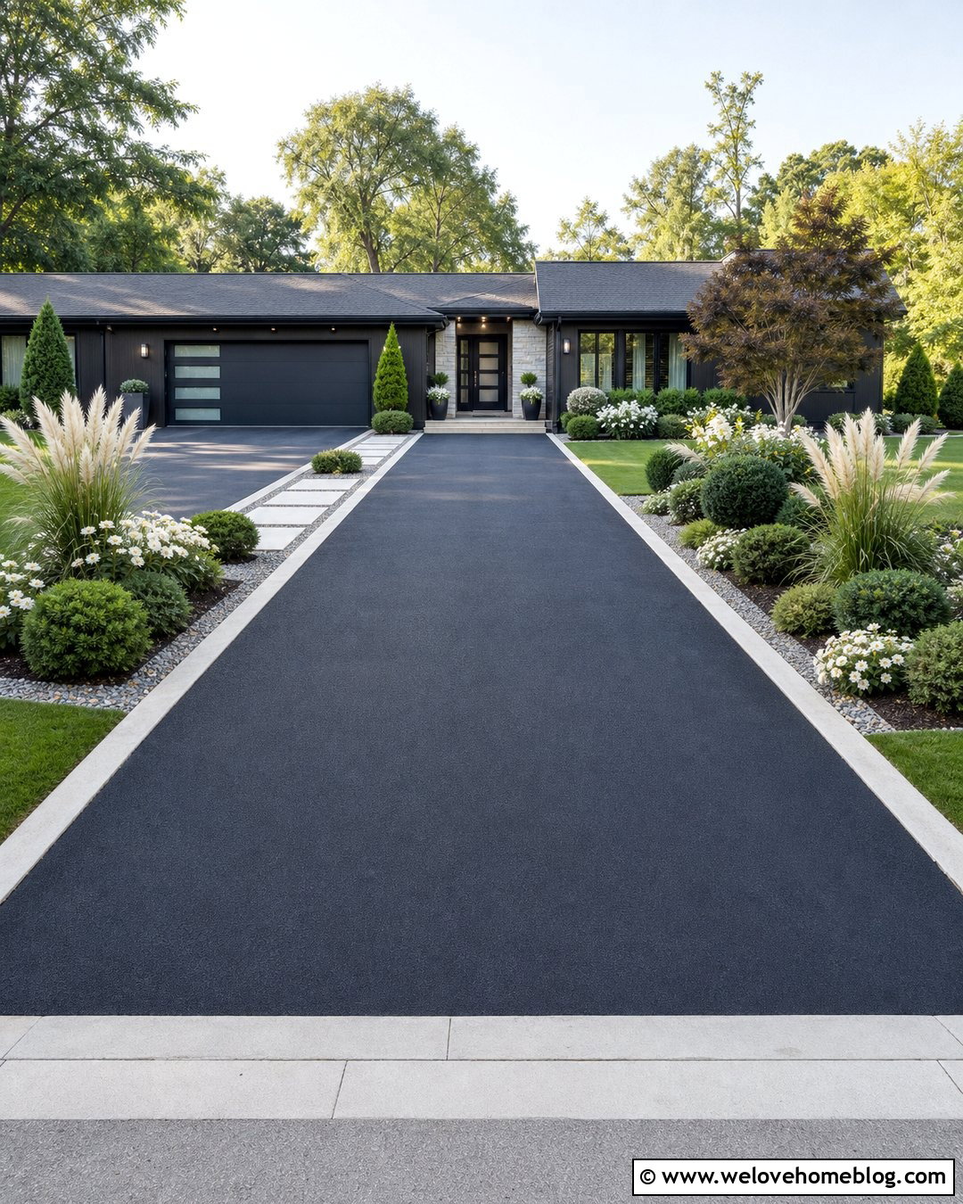 Black Asphalt Ranch House Driveway With Modern Landscaping - 20 Ranch House Driveway Ideas