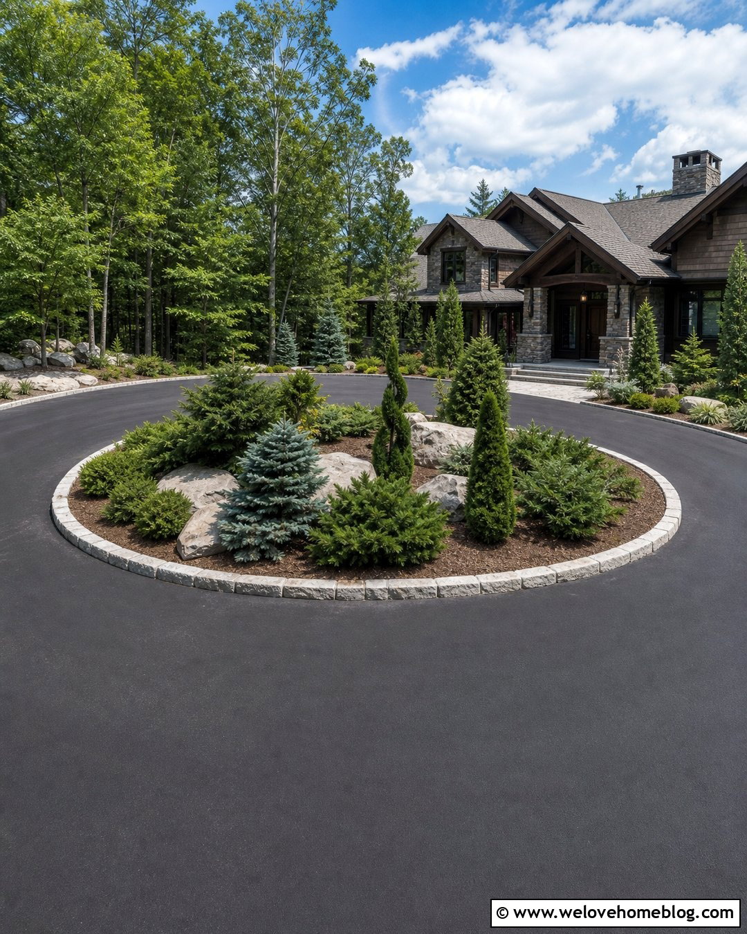 Black Asphalt Roundabout Driveway With Evergreen Island - 35 Round About Driveway Landscaping Ideas