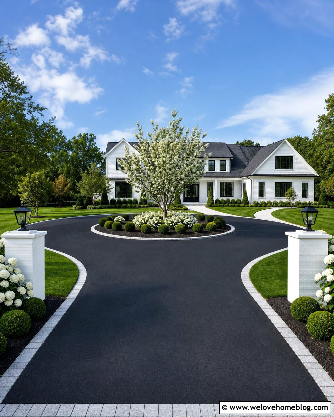 Black Asphalt Roundabout Driveway With White House - 35 Round About Driveway Ideas