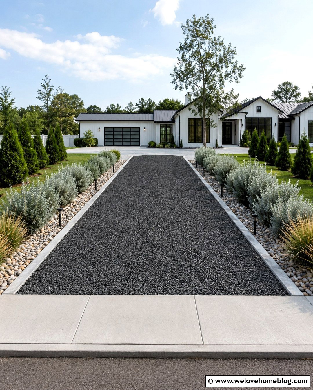 Black Basalt Gravel Driveway With Concrete Borders - 20 Gravel For Driveway Ideas