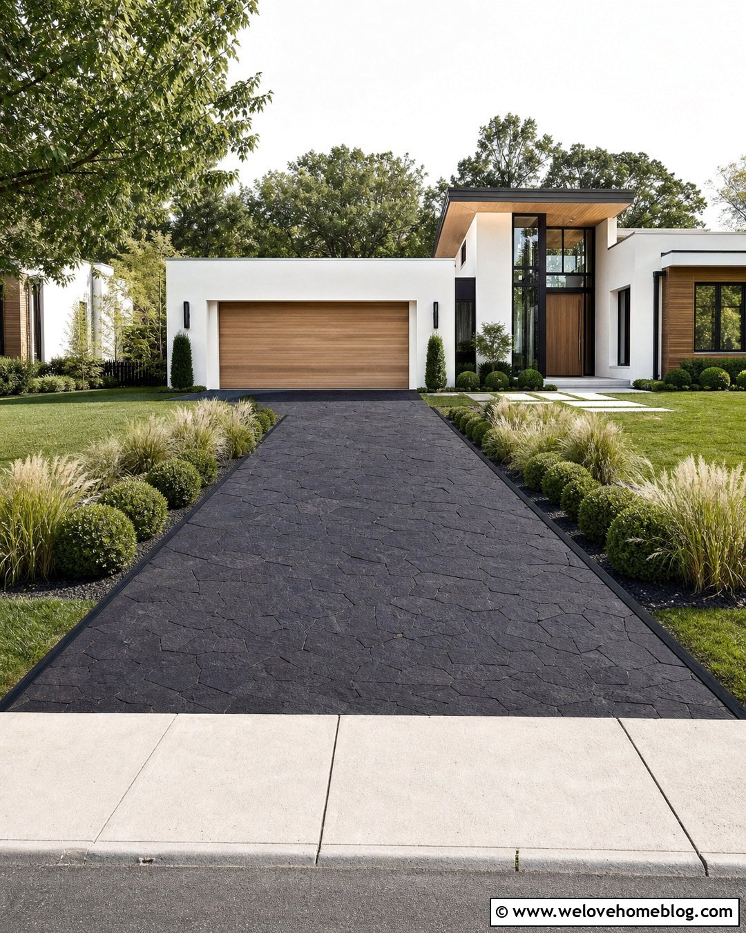 Black Basalt Shingle Driveway With Modern House - 25 Shingle Driveway Ideas