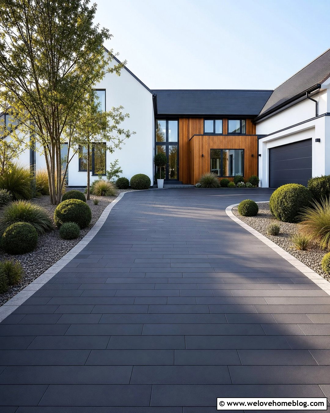 Black Block Paving Driveway With Minimal Planting - 20 Driveway Front Garden Block Paving Ideas