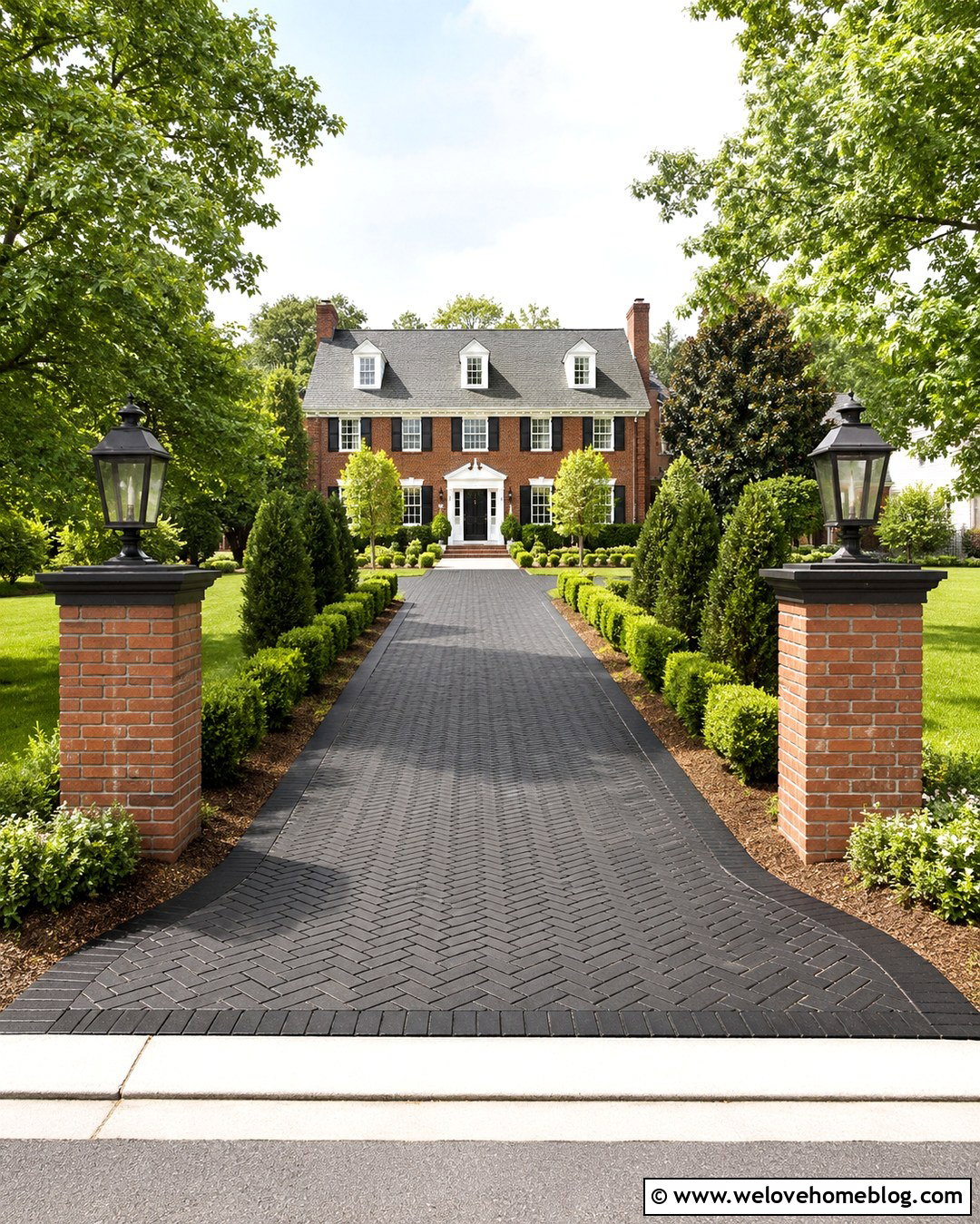 Black Brick Driveway With Brick Pillars - 20 Black Brick Driveway Ideas