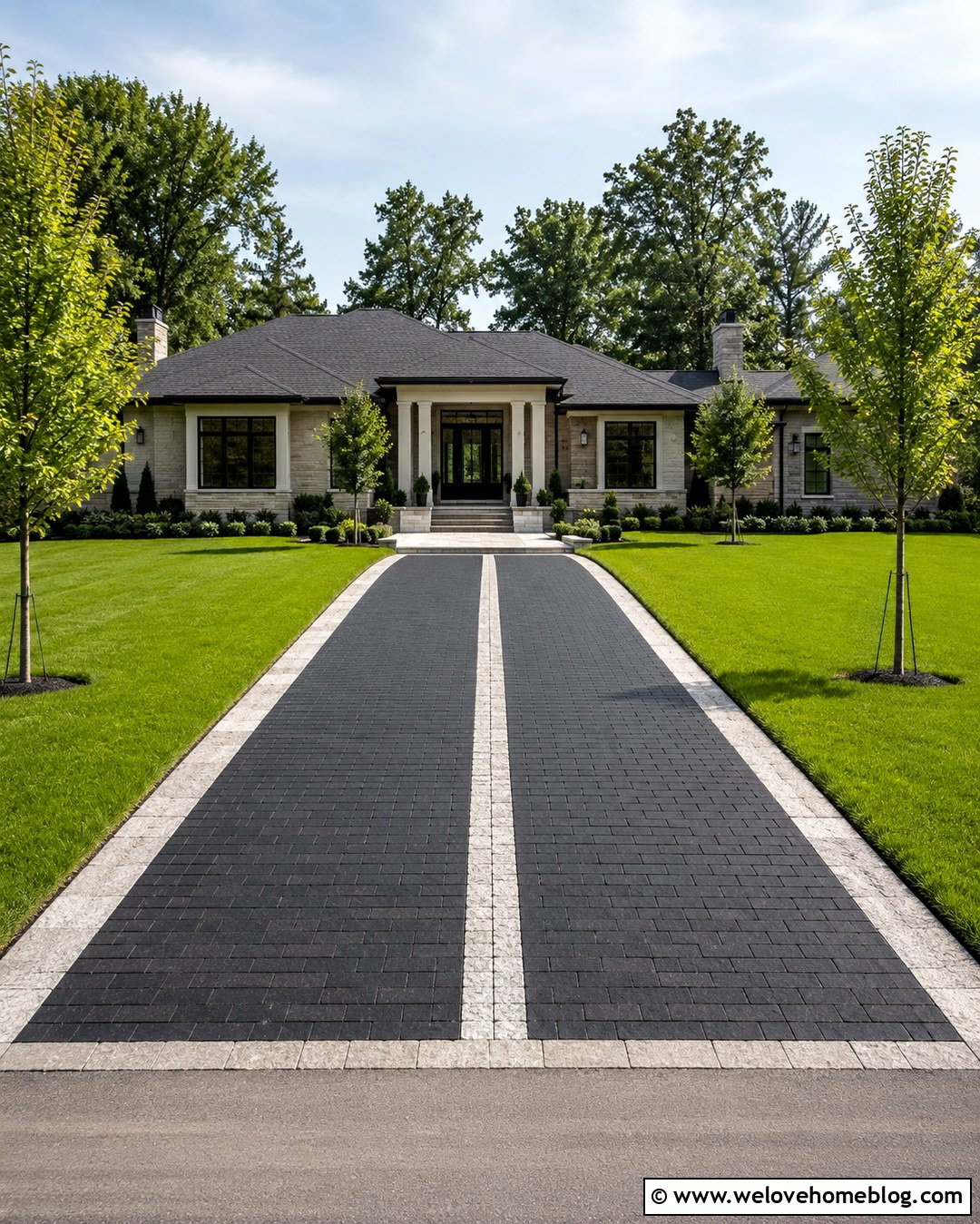 Black Brick Driveway With Center Paver Ribbon - 20 Black Brick Driveway Ideas