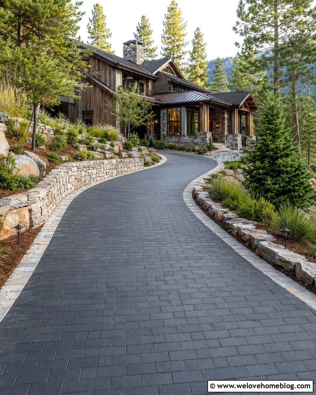 Black Brick Driveway With Natural Stone Walls - 20 Black Brick Driveway Ideas