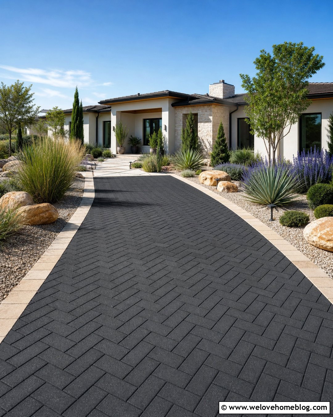 Black Brick Paver Driveway With Drought Tolerant Landscaping - 20 Black Brick Pavers Driveway Ideas