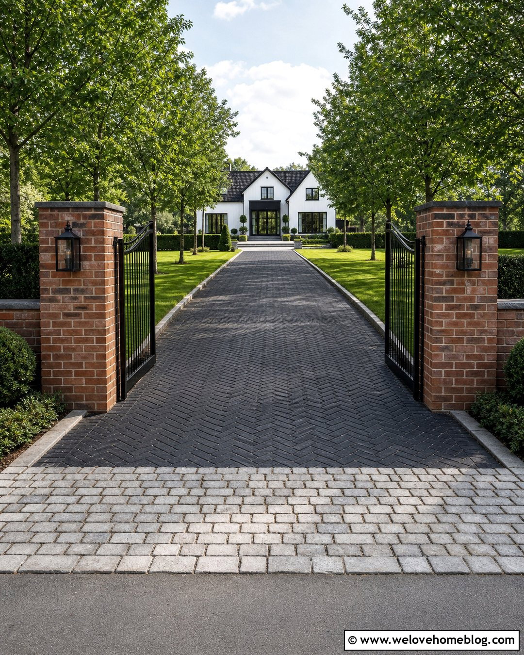 Black Brick Paver Driveway With Gate And Brick Pillars - 20 Black Brick Pavers Driveway Ideas