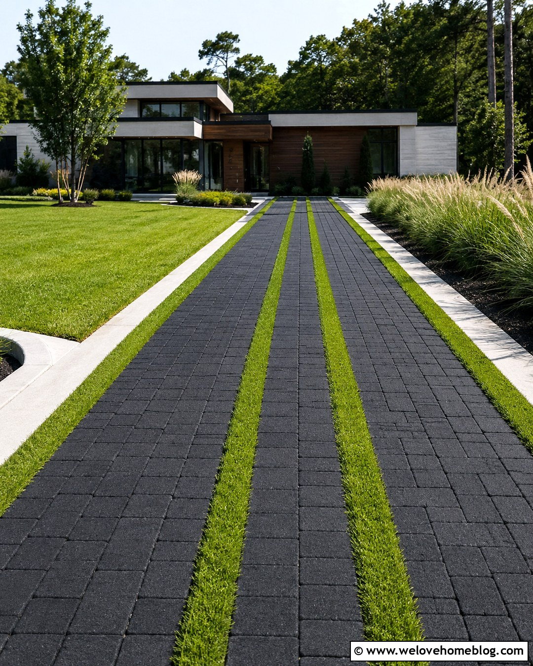 Black Brick Paver Driveway With Grass Joints - 20 Black Brick Pavers Driveway Ideas