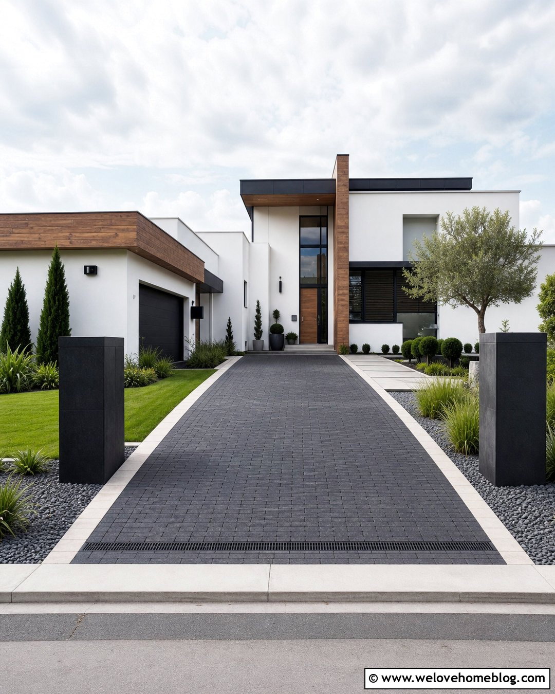 Black Cobblestone Driveway With Modern Landscaping - 20 luxury cobblestone driveway ideas