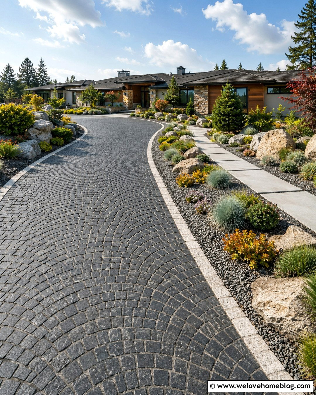 Black Cobblestone Driveway With Rock Garden - 20 Cobblestone Driveway In Garden Ideas