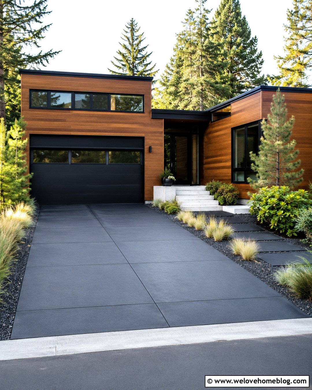 Black Concrete Driveway With Warm Wood House - 20 black concrete driveway ideas