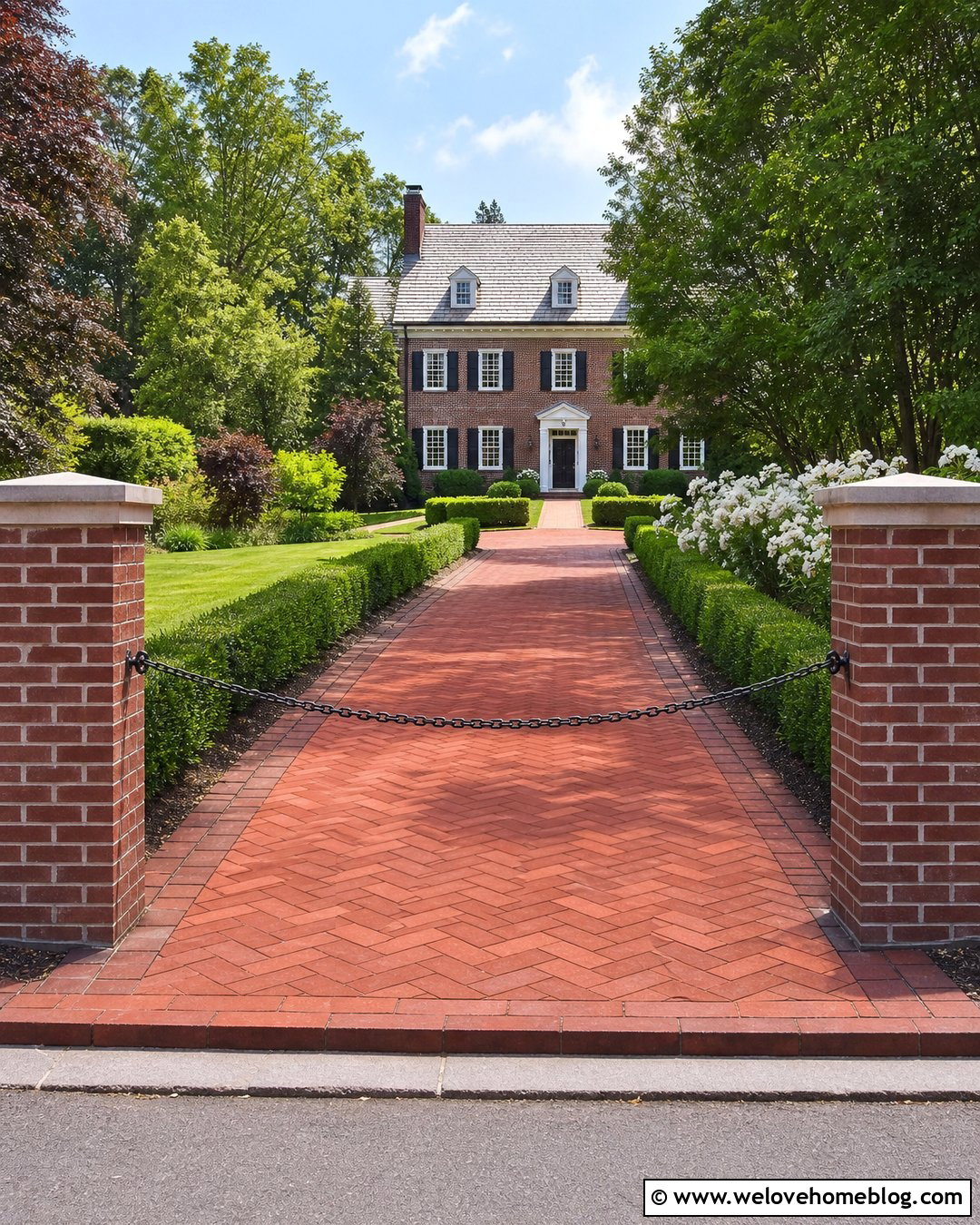 Black Driveway Chain With Brick Pillars