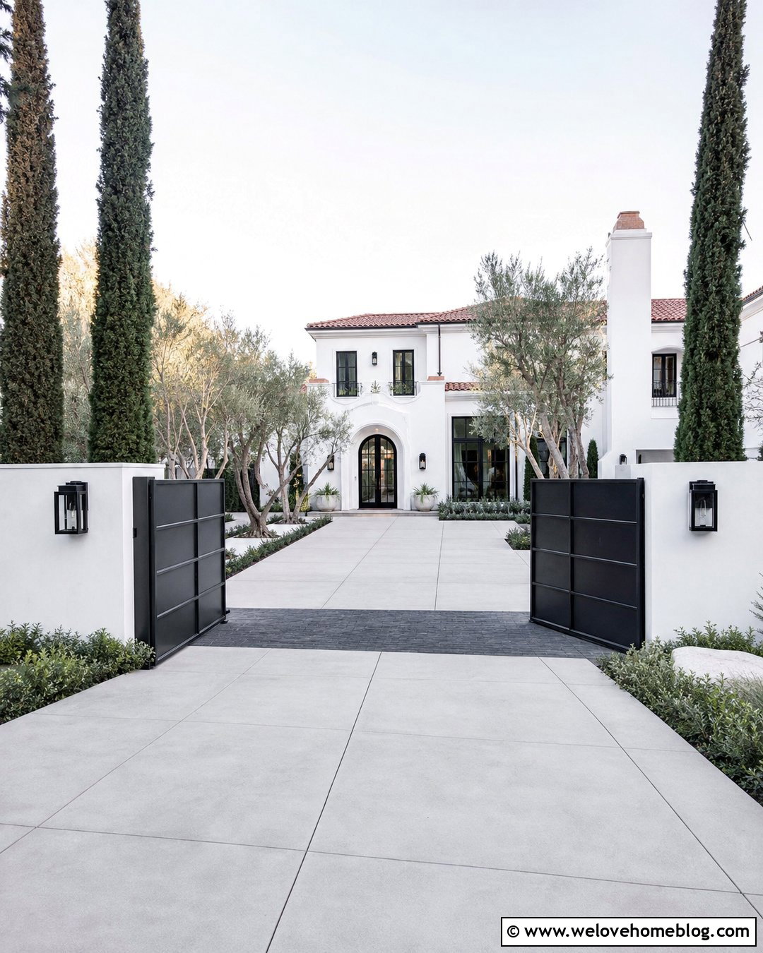 Black Driveway Entrance With White Stucco Walls - 25 Luxury Driveway Entrance Ideas
