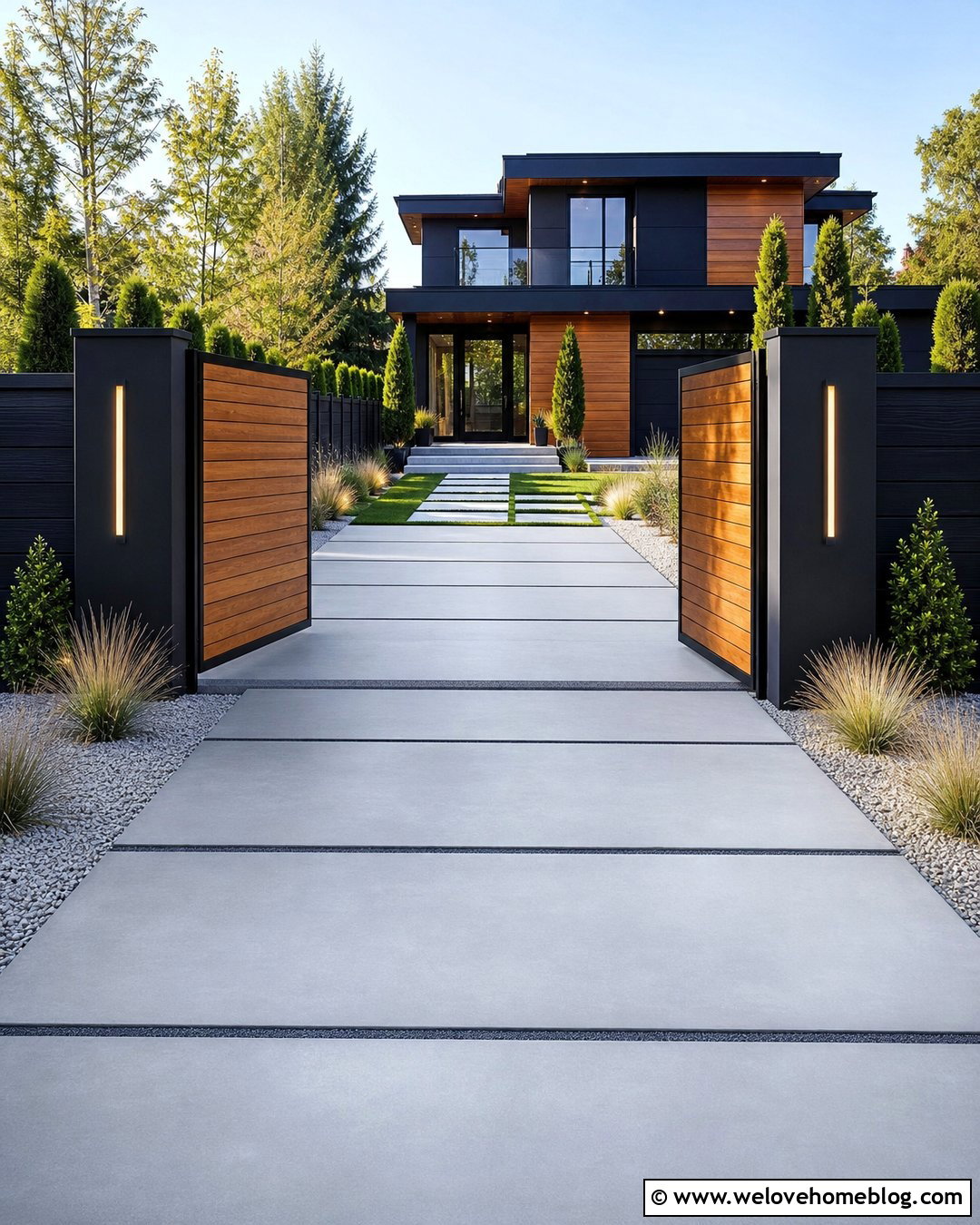 Black Driveway Gate Pillars With Wood Gate - 20 Driveway Gate Pillars Ideas