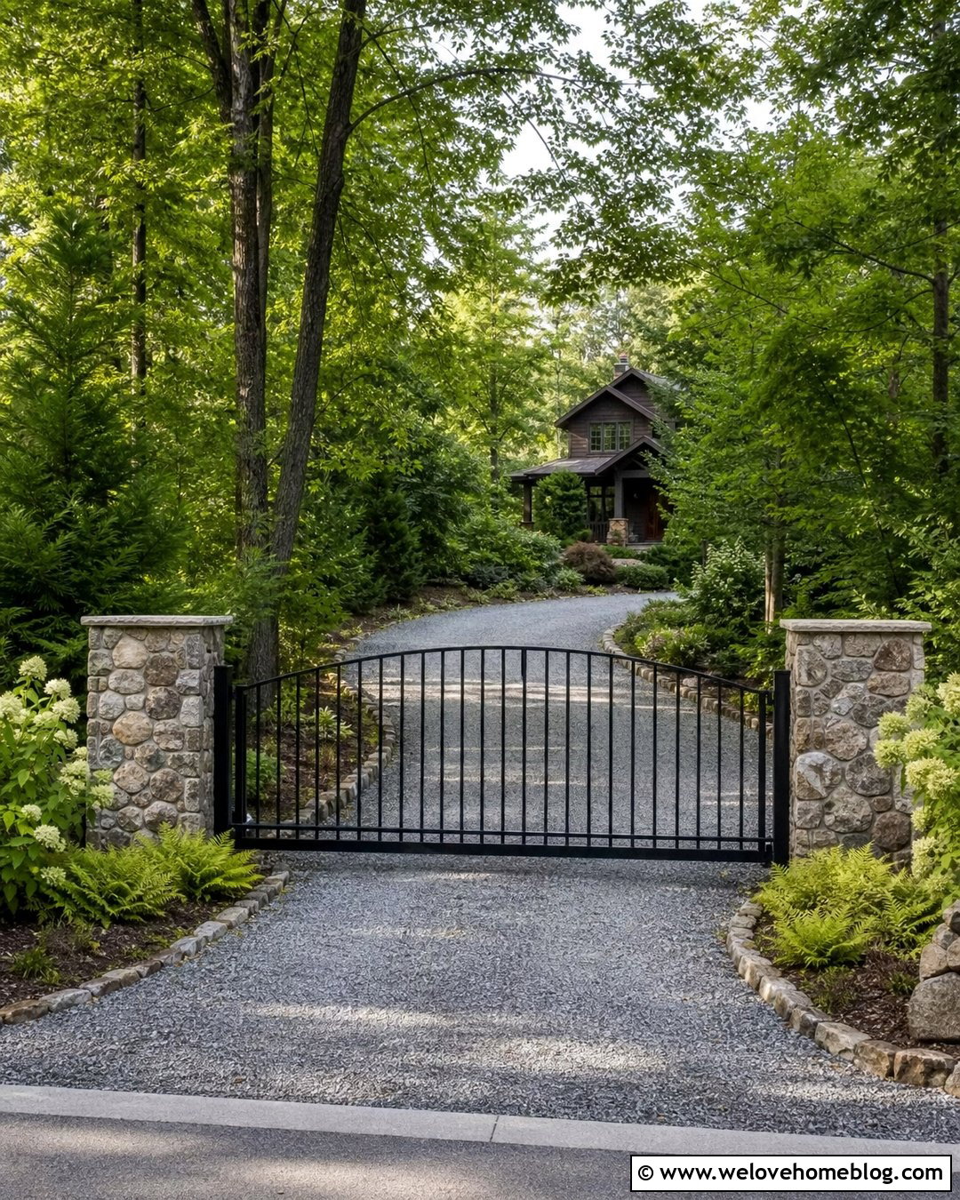 Black Driveway Gate With Fieldstone Columns - 25 Black Driveway Gate Ideas