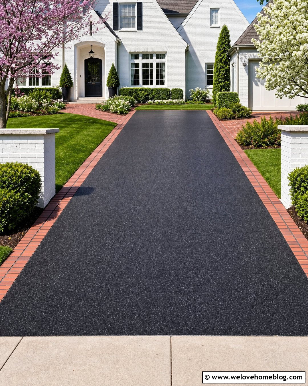 Black Epoxy Driveway With Brick Border - 20 Epoxy Driveway Ideas