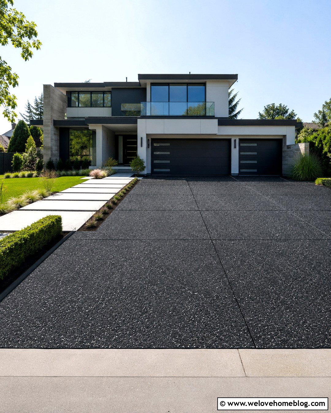 Black Exposed Aggregate Driveway With Geometric Saw Cuts - 20 Black Exposed Aggregate Driveway Ideas