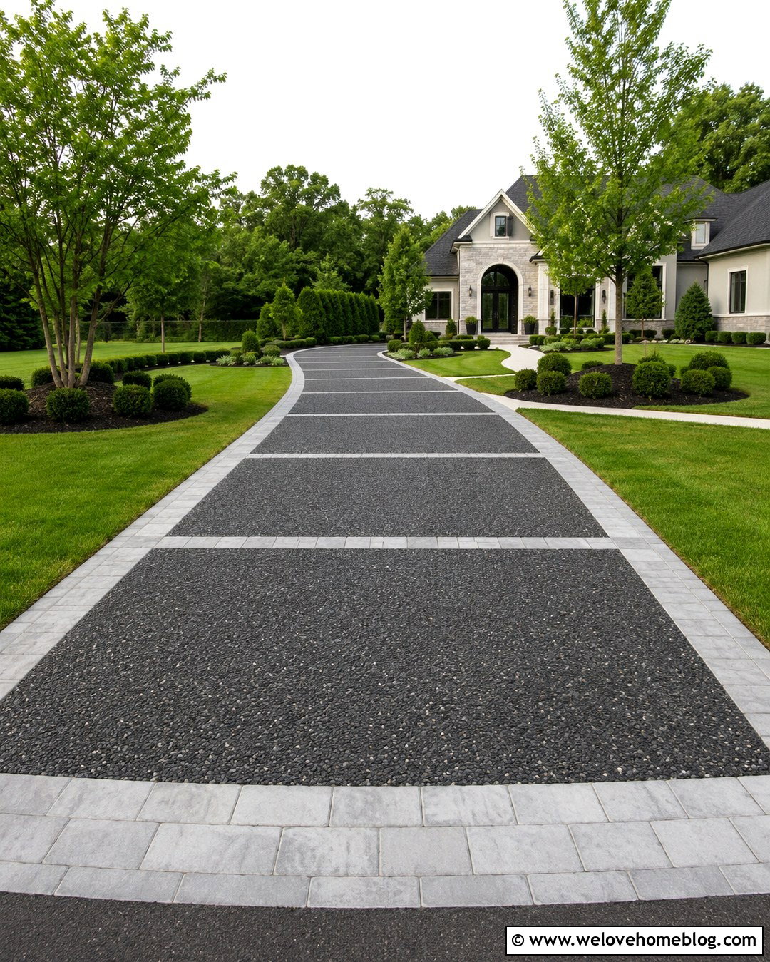 Black Exposed Aggregate Driveway With Paver Bands - 20 Black Exposed Aggregate Driveway Ideas